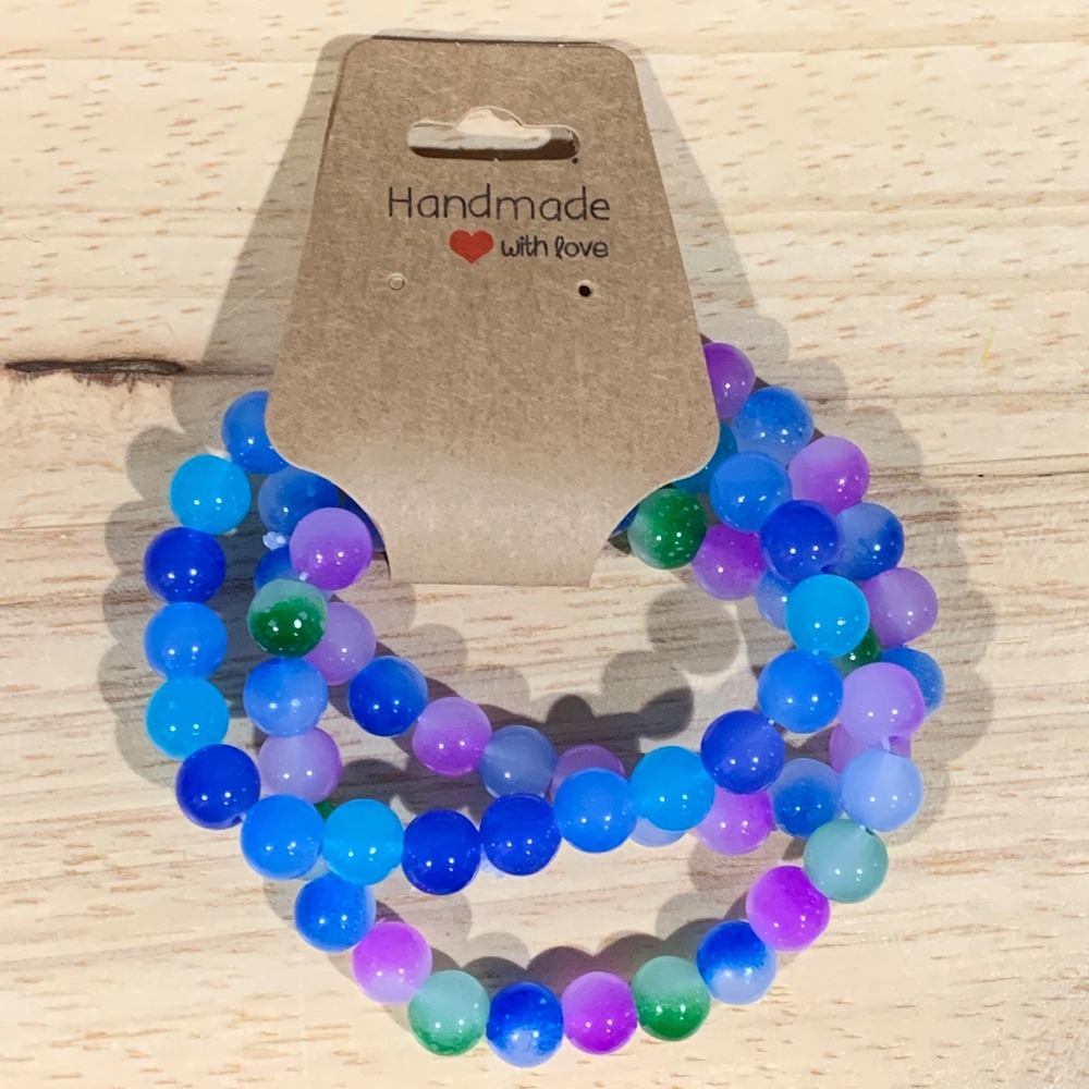 Handmade Beaded Stretch Bracelet Women 3PC Blue Purple Green Boho Beachy Stack